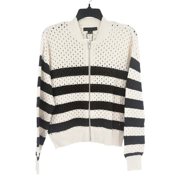SANCTUARY Sweater Size XS NEW Open Knit Bomber Cardigan Cream Black Full Zip - Picture 4 of 8